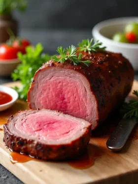 Carne assada ao ponto e suculenta para representar a categoria.