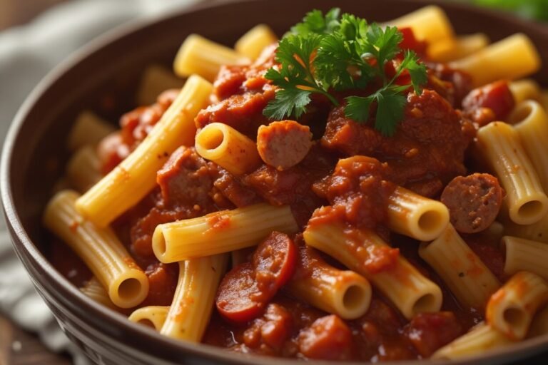 Rigatoni ao molho de linguiça e tomate.