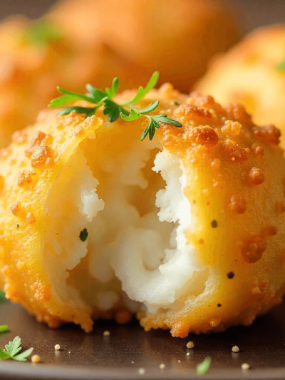 Bolinho de bacalhau crocante por fora e macio por dentro, servido com salsinha fresca.