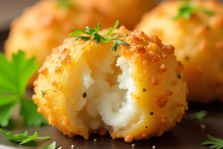 Bolinho de bacalhau crocante por fora e macio por dentro, servido com salsinha fresca.