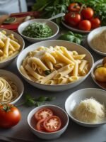 Massas frescas e ingredientes tradicionais para molhos: Tomate, parmesão e manjericão