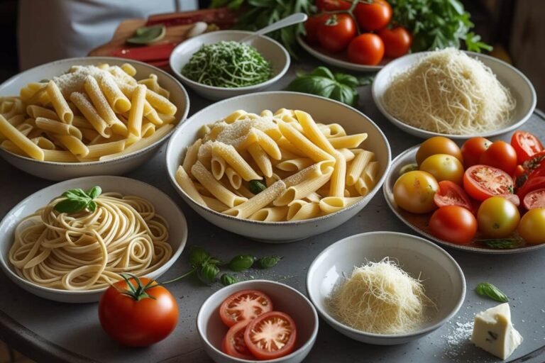 Massas frescas e ingredientes tradicionais para molhos: Tomate, parmesão e manjericão