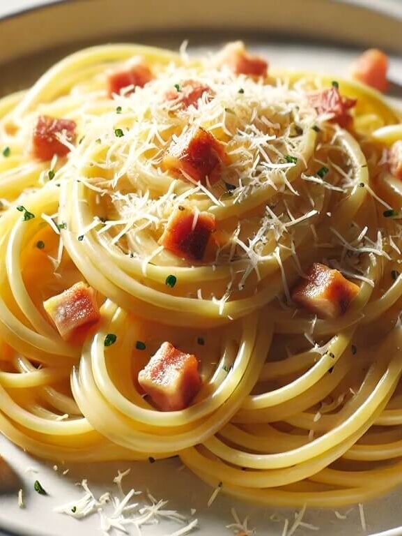 Prato de Macarrão à Carbonara tradicional com molho cremoso, guanciale crocante e queijo pecorino ralado.