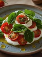 Salada Caprese tradicional com tomate, mussarela de búfala e manjericão, regada com azeite de oliva.