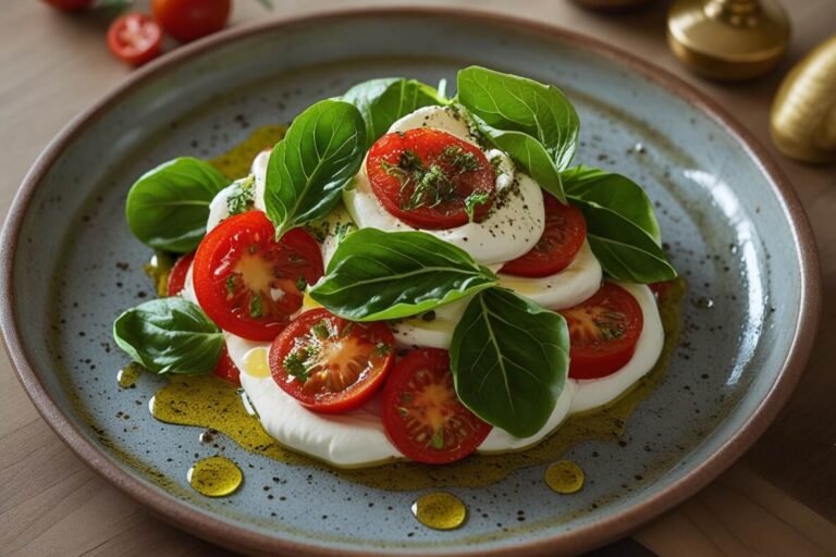 Salada Caprese tradicional com tomate, mussarela de búfala e manjericão, regada com azeite de oliva.