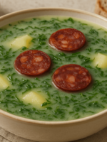Tigela com caldo verde tradicional português, com couve e linguiça, servida com pão rústico.