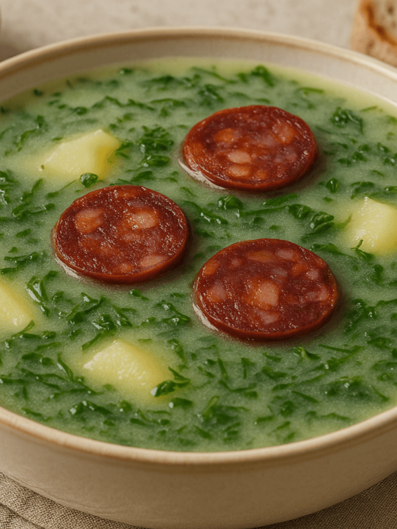 Tigela com caldo verde tradicional português, com couve e linguiça, servida com pão rústico.