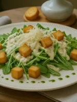 Salada Caesar servida em um prato branco, com folhas de alface romana, croutons crocantes e lascas generosas de parmesão e molho cremoso clássico.