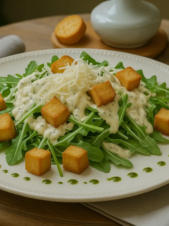 Salada Caesar servida em um prato branco, com folhas de alface romana, croutons crocantes e lascas generosas de parmesão e molho cremoso clássico.