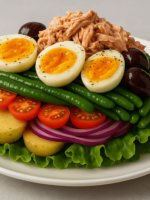 Salada Niçoise servida em camadas em um prato branco.
