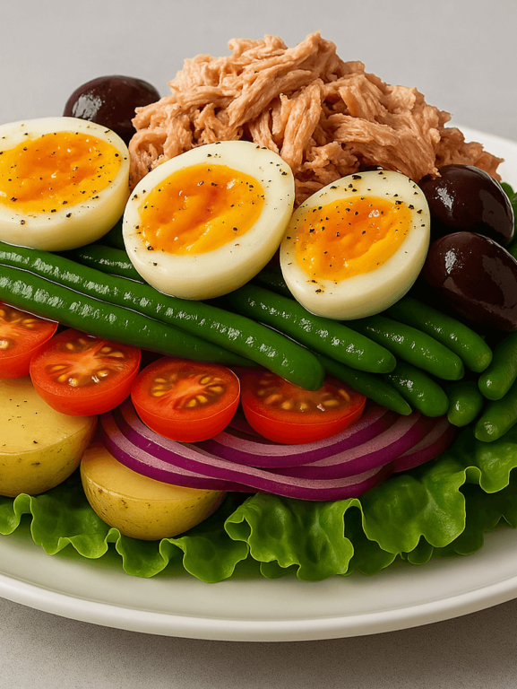 Salada Niçoise servida em camadas em um prato branco.