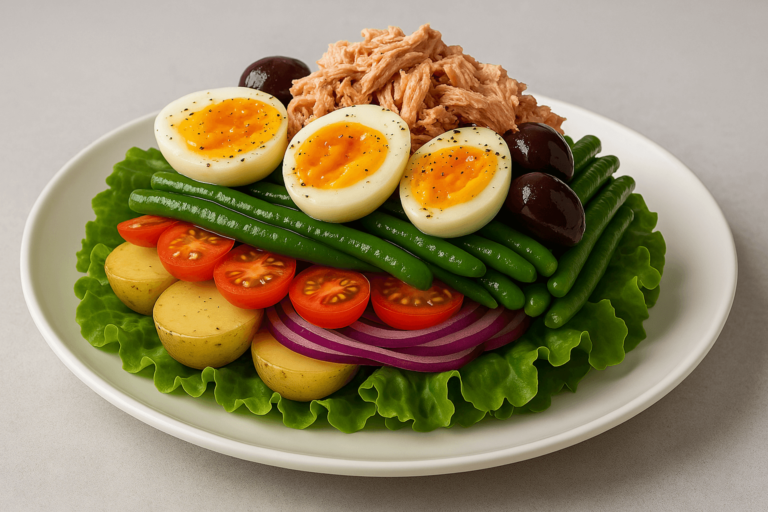 Salada Niçoise servida em camadas em um prato branco.