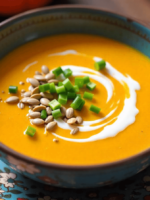 Tigela de sopa de abóbora cremosa com sementes tostadas e cebolinha fresca.