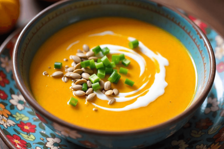 Tigela de sopa de abóbora cremosa com sementes tostadas e cebolinha fresca.