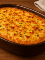 Escondidinho de abóbora com carne seca, com uma camada de queijo gratinado por cima.