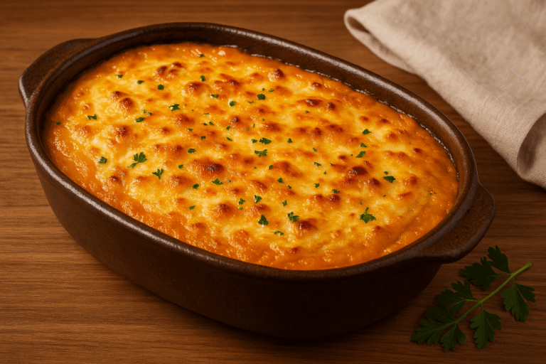 Escondidinho de abóbora com carne seca, com uma camada de queijo gratinado por cima.