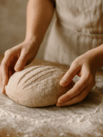 Moldando uma massa de pão de fermentação natural sobre uma superfície enfarinhada.