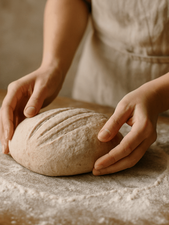 Moldando uma massa de pão de fermentação natural sobre uma superfície enfarinhada.