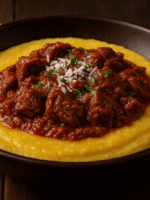 Polenta cremosa com ragu de carne bovina, queijo ralado e ervas frescas em prato rústico.