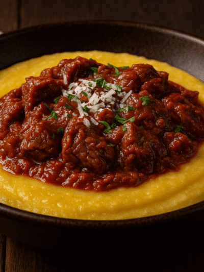 Polenta cremosa com ragu de carne bovina, queijo ralado e ervas frescas em prato rústico.