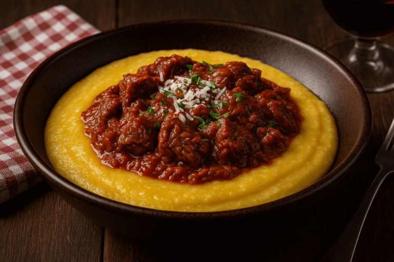 Polenta cremosa com ragu de carne bovina, queijo ralado e ervas frescas em prato rústico.